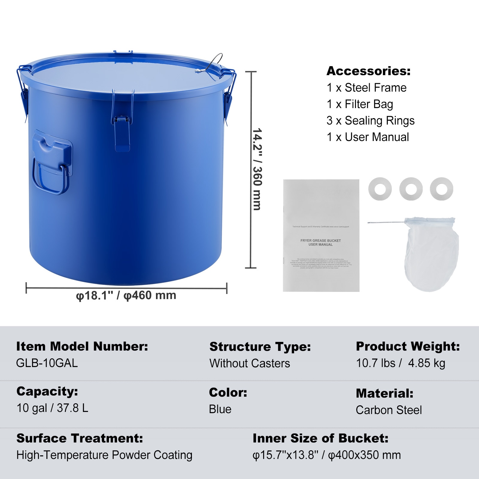Fryer Grease Bucket, 10 Gal Oil Disposal Caddy Carbon Steel Fryer Oil Bucket With Rust-Proof Coating, Oil Transport Container With Lid, Lock Clips, Filter Bag For Hot Cooking Oil Filtering, Blue_maomaolike.com
